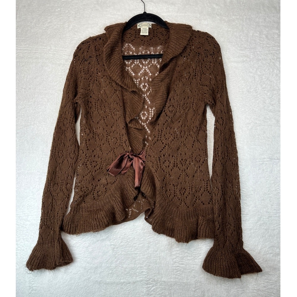 Next Era Cardigan Womens Medium Brown Pointelle Mohair Blend Ribbon Tie Ruffle
